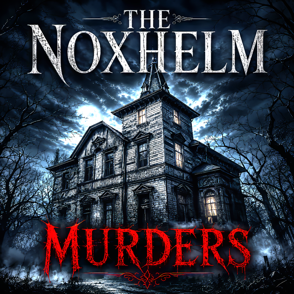 Cover art for 'The Noxhelm Murders' featuring a dark, gothic haunted house under a stormy night sky.