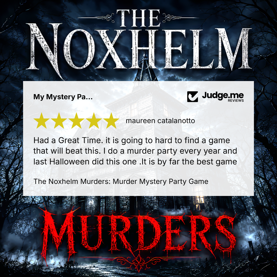 Promotional graphic for the board game 'The Noxhelm Murders' featuring a spooky haunted house background, the game title in large white letters at the top, a review card in the center with a Judge.me review, and 'MURDERS' in distressed red letters at the bottom.