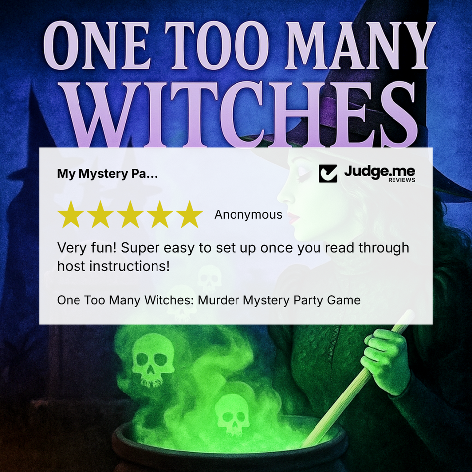 Promotional graphic for the 'One Too Many Witches' mystery party game, featuring a white rating card overlay with a 5-star review from an anonymous Judge.me reviewer.