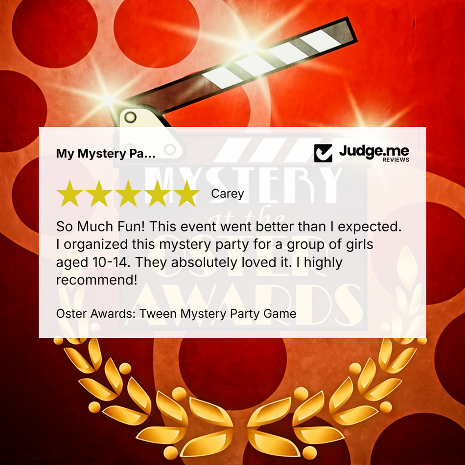 A promotional graphic for a mystery party game featuring a white review card with a five-star rating and text from 'Carey' and 'Judge.me Reviews,' set against a red and orange background with gold laurels and a clapperboard illustration.