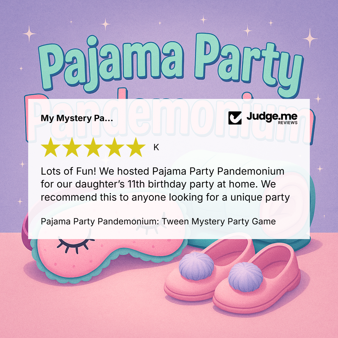 Promotional graphic for a 'Pajama Party Pandemonium' mystery pajama game, featuring a pink sleep mask and pink slip-on shoes on a pastel pink and purple background with a review card and the Judge.me Reviews logo.