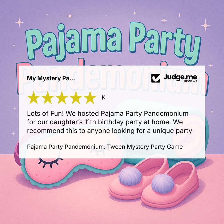 Promotional graphic for a 'Pajama Party Pandemonium' mystery pajama game, featuring a pink sleep mask and pink slip-on shoes on a pastel pink and purple background with a review card and the Judge.me Reviews logo.