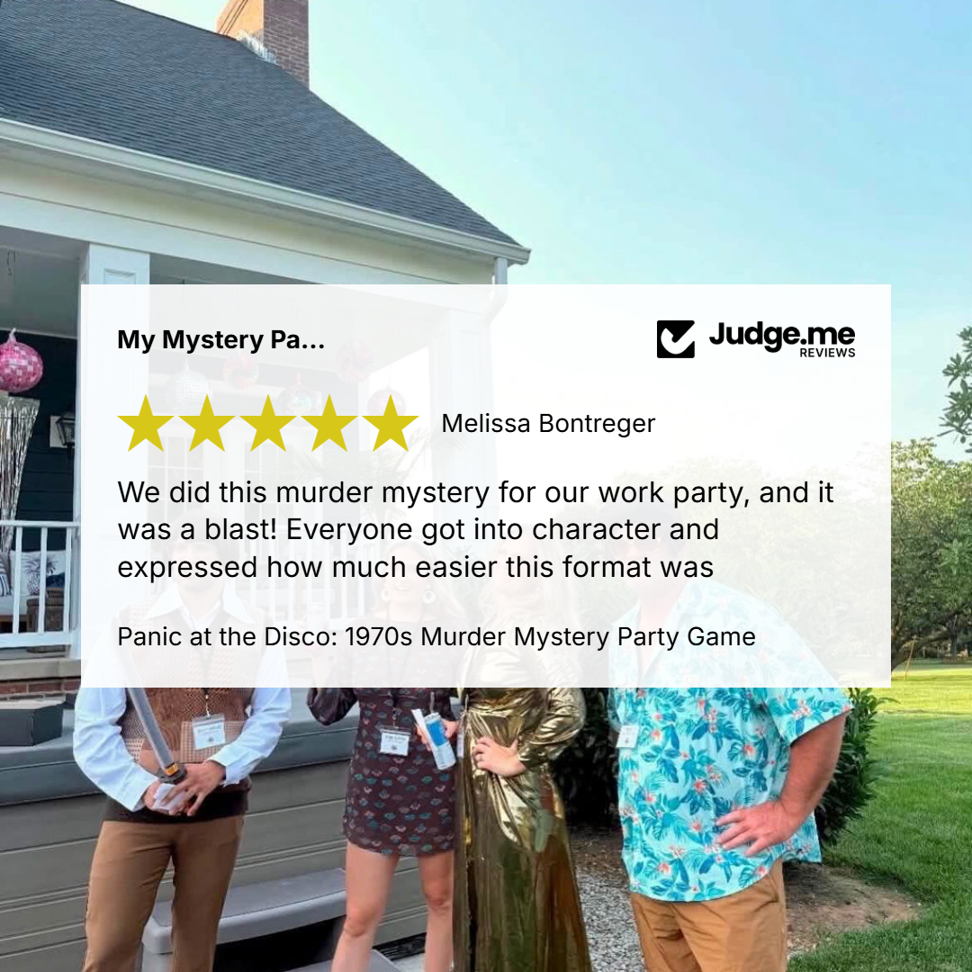 A promotional graphic for a 'Panic at the Disco: 1970s Murder Mystery Party Game' featuring a large white text review bubble over a photo of four people standing outside a house. The people are wearing themed party outfits, including a gold dress, a blue Hawaiian shirt, and a brown vest.