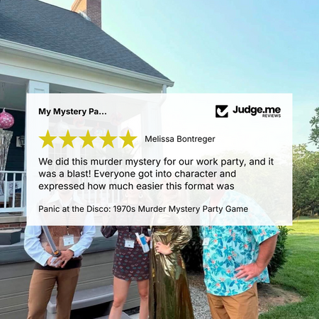 A promotional graphic for a 'Panic at the Disco: 1970s Murder Mystery Party Game' featuring a large white text review bubble over a photo of four people standing outside a house. The people are wearing themed party outfits, including a gold dress, a blue Hawaiian shirt, and a brown vest.