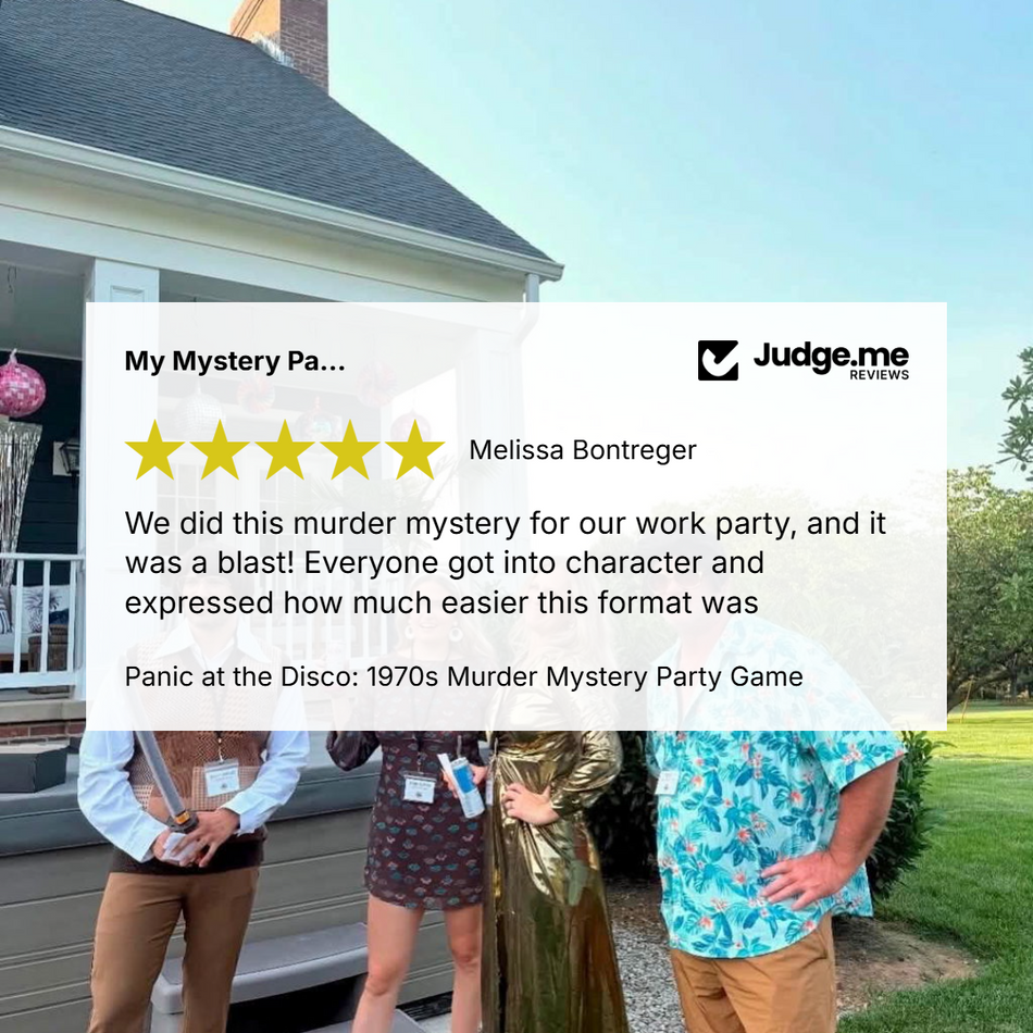 A promotional graphic for a 'Panic at the Disco: 1970s Murder Mystery Party Game' featuring a large white text review bubble over a photo of four people standing outside a house. The people are wearing themed party outfits, including a gold dress, a blue Hawaiian shirt, and a brown vest.