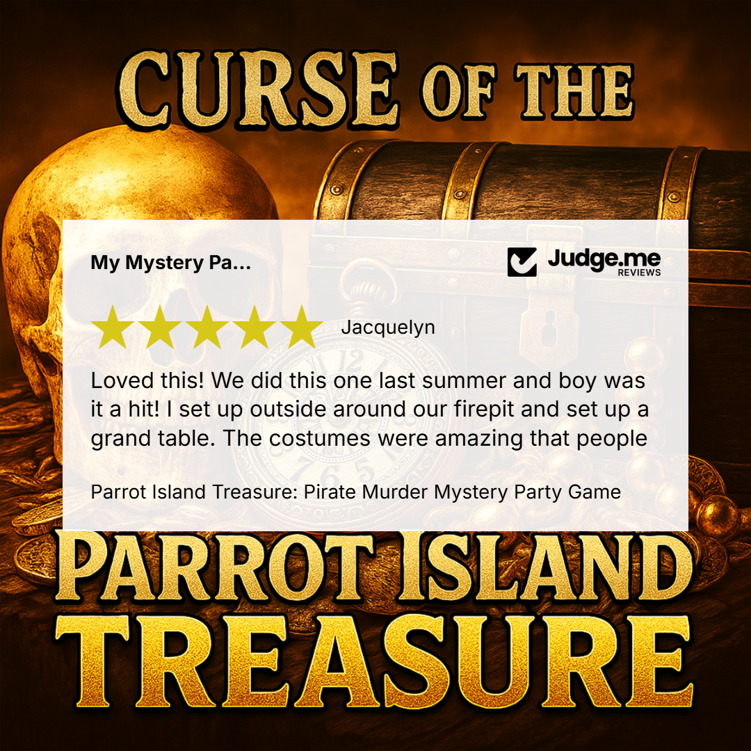 Promotional graphic for 'Parrot Island Treasure: Pirate Murder Mystery Party Game' featuring a golden skull, treasure chest, and large gold title text over a dark brown background. A white review card with a Judge.