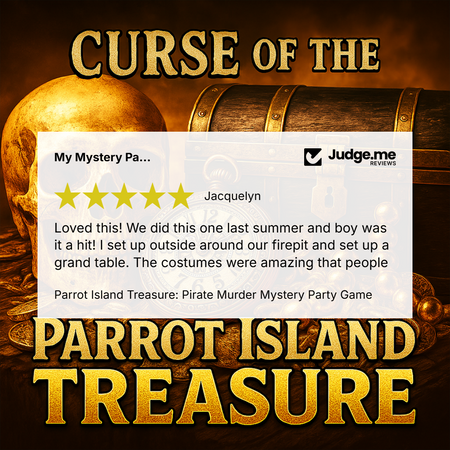 Promotional graphic for 'Parrot Island Treasure: Pirate Murder Mystery Party Game' featuring a golden skull, treasure chest, and large gold title text over a dark brown background. A white review card with a Judge.