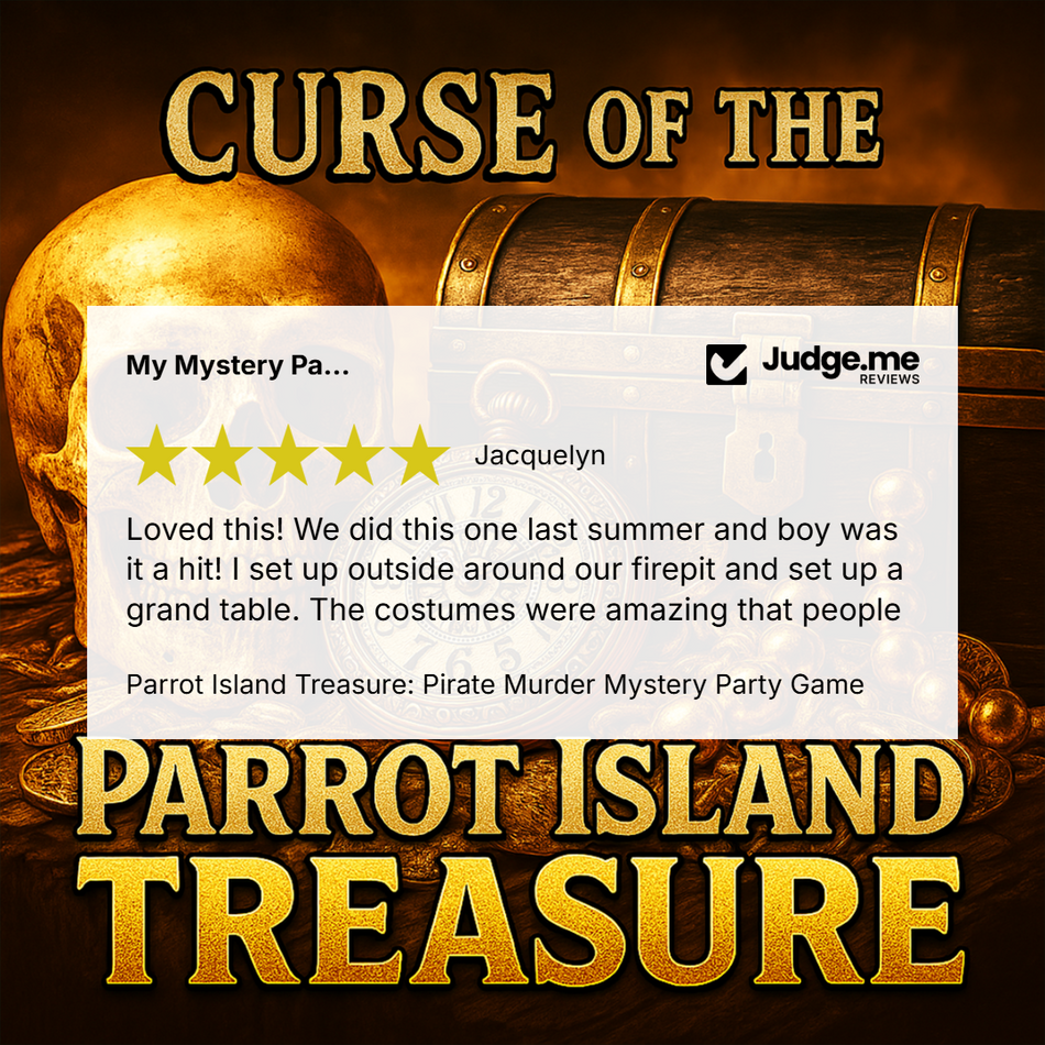 Promotional graphic for 'Parrot Island Treasure: Pirate Murder Mystery Party Game' featuring a golden skull, treasure chest, and large gold title text over a dark brown background. A white review card with a Judge.