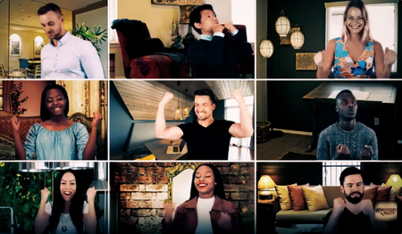 A 3x3 grid collage of nine different people in home and office settings, each appearing to speak or gesture in a video call or presentation. No single retail product is clearly featured as the subject.