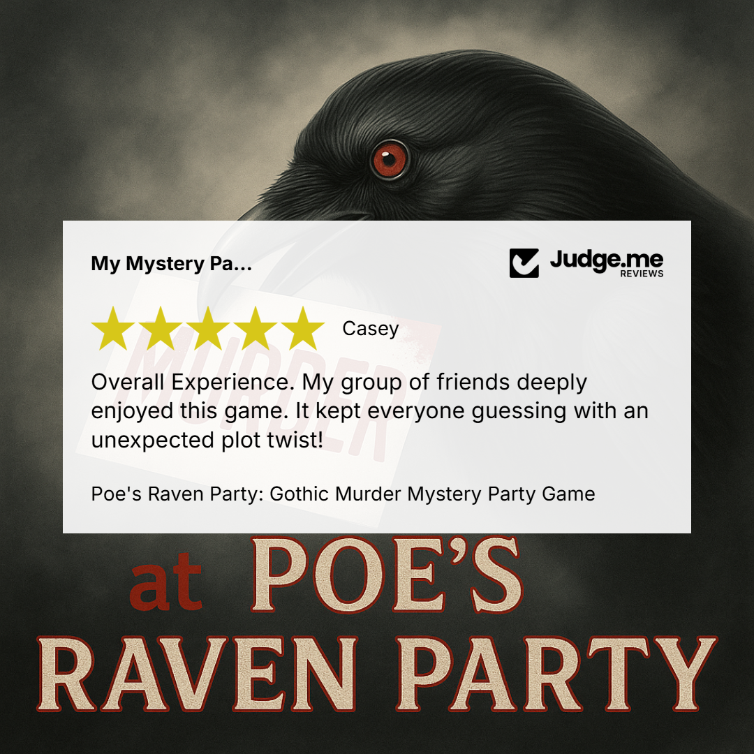 Promotional graphic for 'Poe's Raven Party' featuring a large black raven with a red eye on a dark smoky background, a white review card with a 5-star rating and Judge.me Reviews logo, and large stylized text reading 'at POE'S RAVEN PARTY'.