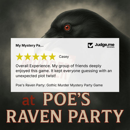 Promotional graphic for 'Poe's Raven Party' featuring a large black raven with a red eye on a dark smoky background, a white review card with a 5-star rating and Judge.me Reviews logo, and large stylized text reading 'at POE'S RAVEN PARTY'.