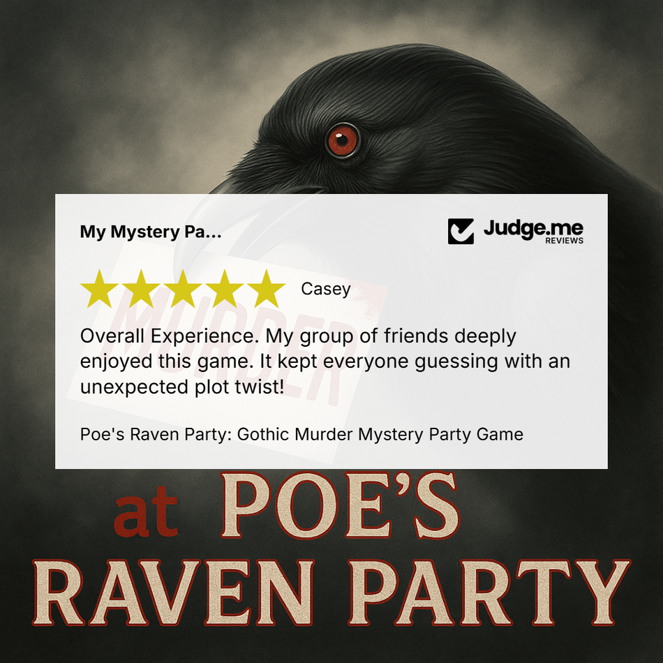 Promotional graphic for 'Poe's Raven Party' featuring a large black raven with a red eye on a dark smoky background, a white review card with a 5-star rating and Judge.me Reviews logo, and large stylized text reading 'at POE'S RAVEN PARTY'.