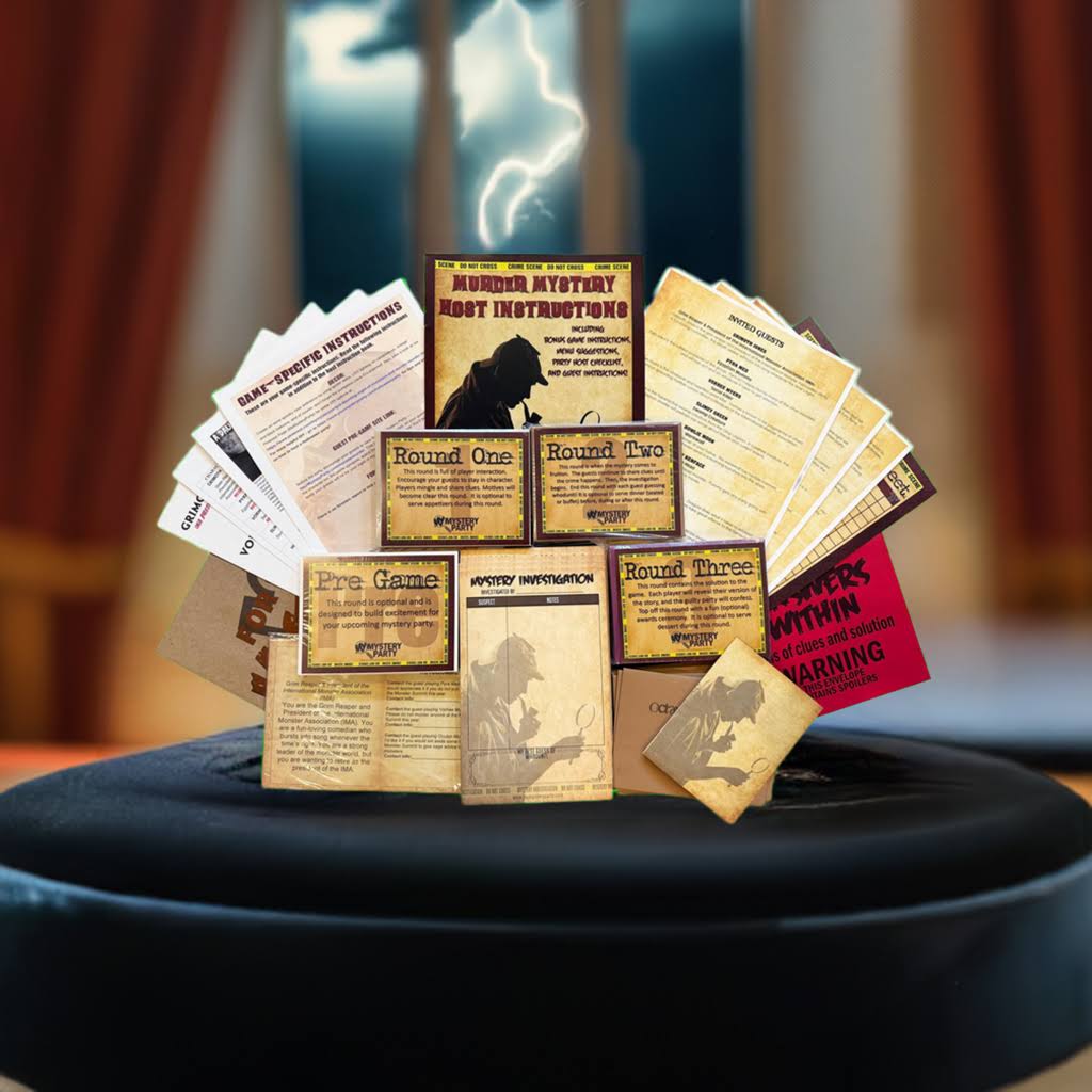 A set of vintage-style mystery game cards and instruction sheets fanned out on a black round table, with a blurred indoor background featuring warm curtains and a blue-lit window.