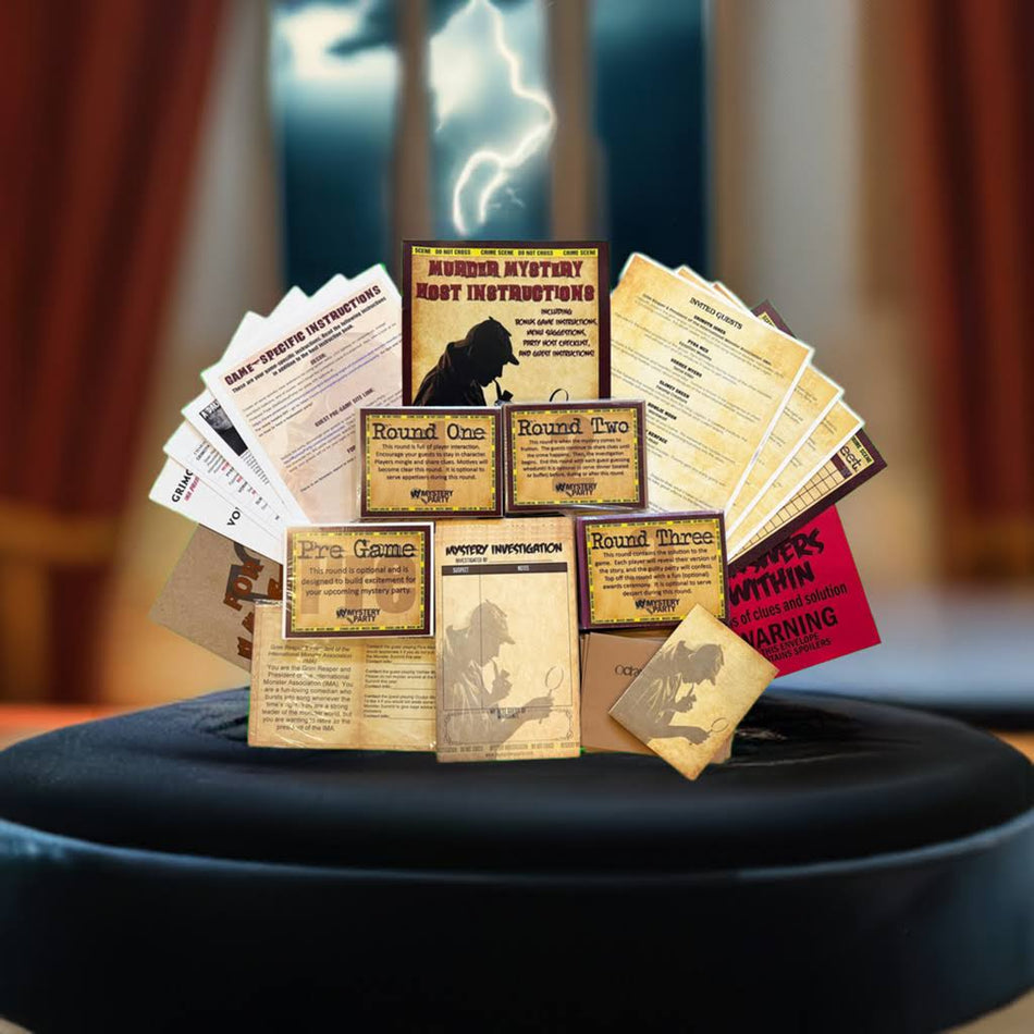 A set of vintage-style mystery game cards and instruction sheets fanned out on a black round table, with a blurred indoor background featuring warm curtains and a blue-lit window.