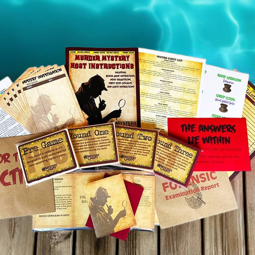 A tabletop arrangement of a mystery game set with printed cards, instruction sheets, envelopes, and a red card reading 'The Answers Lie Within,' photographed on a wood surface with a turquoise water backdrop.