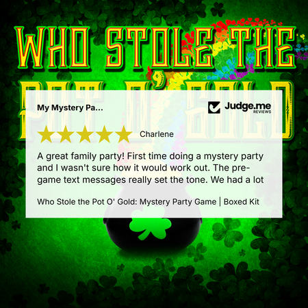 A promotional graphic for the 'Who Stole the Pot O' Gold: Mystery Party Game | Boxed Kit' by Judge.me.