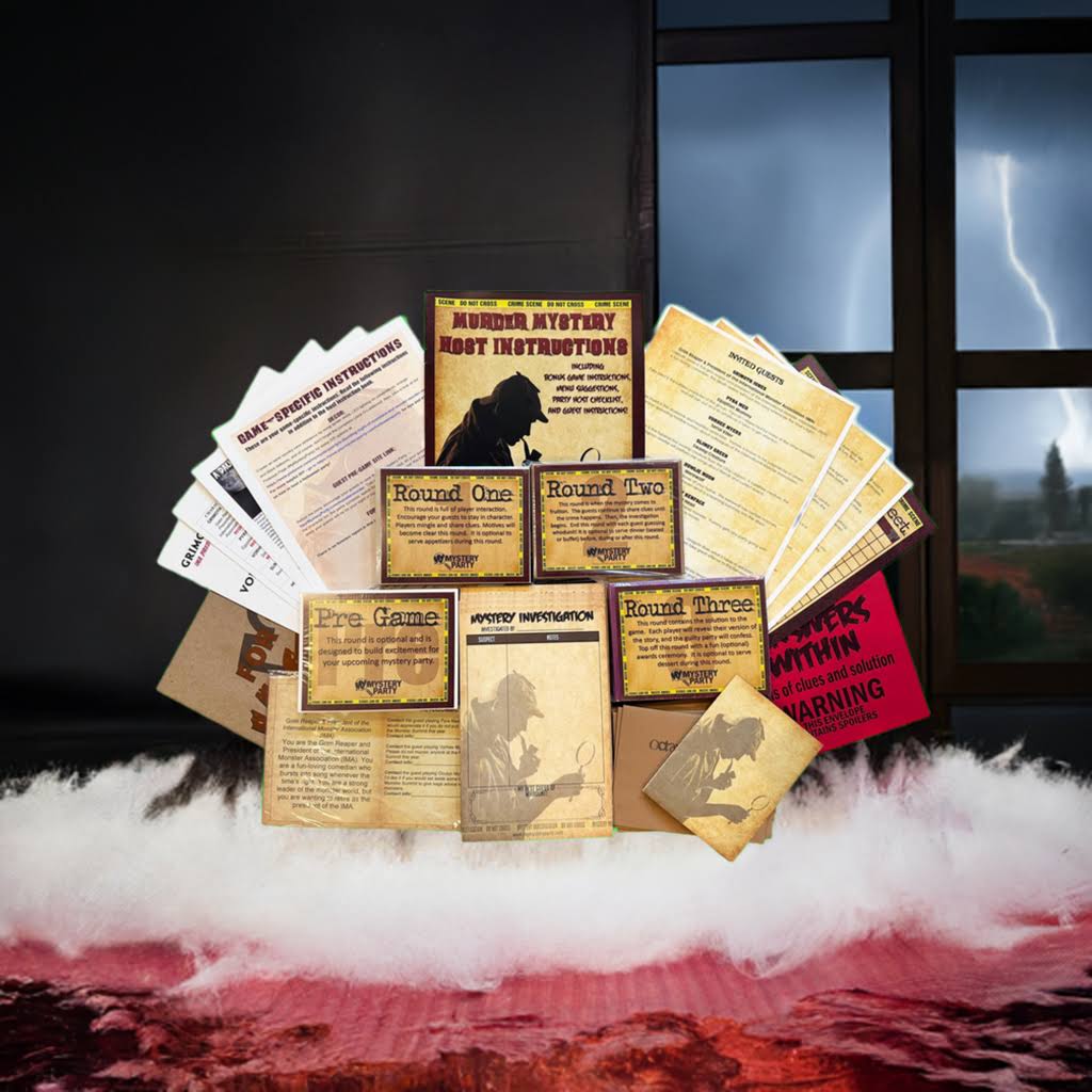 Saints and Sinners murdery mystery party boxed kit example.