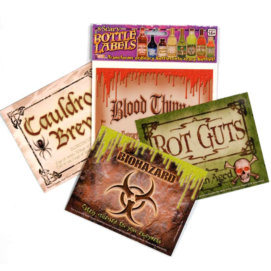 Scary bottle labels for a mystery party.