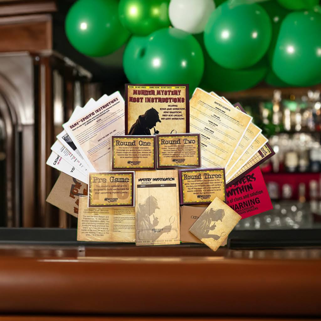 Boxed Kit materials for a St Patrick's Day murder mystery party