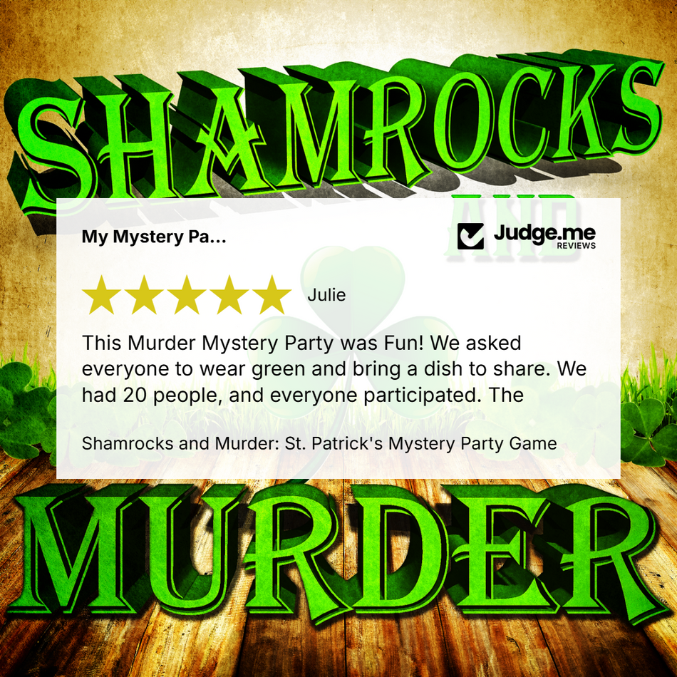 Promotional graphic for 'Shamrocks Murder' party game, featuring large green 3D 'SHAMROCKS' and 'MURDER' text over a rustic wood background, with a central white review card showing a 5-star rating and Judge.me review.