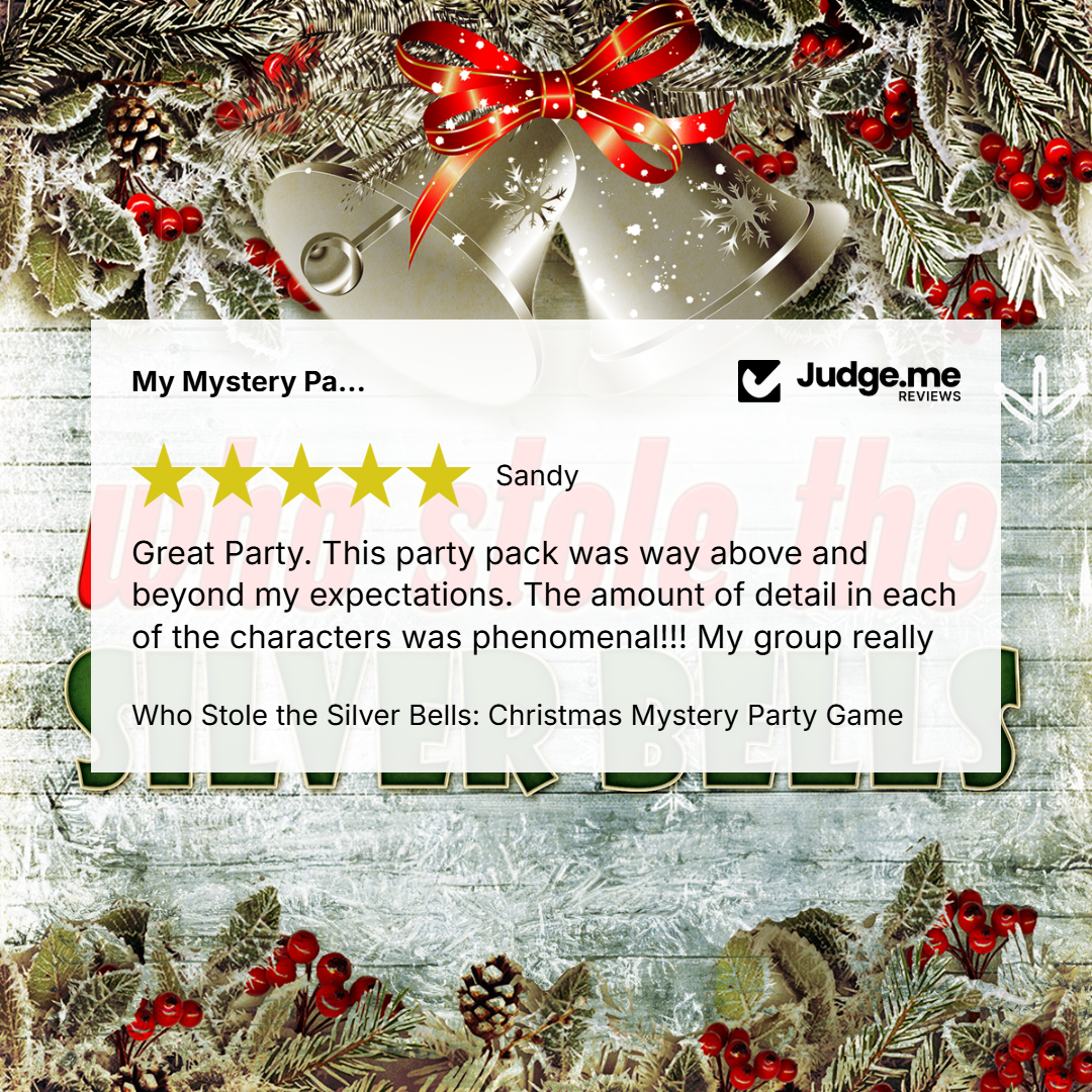A promotional graphic for a Christmas mystery party game featuring a large white review card in the center with a five-star rating and customer testimonial from Sandy, alongside the Judge.me Reviews logo.