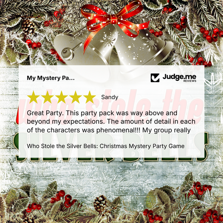 A promotional graphic for a Christmas mystery party game featuring a large white review card in the center with a five-star rating and customer testimonial from Sandy, alongside the Judge.me Reviews logo.