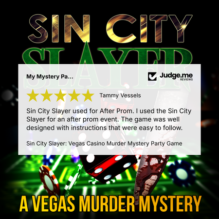 Promotional graphic for 'Sin City Slayer: Vegas Murder Mystery' party game, featuring a review from Tammy Vessels on a semi-transparent white box over a dark background with neon green lights, dice, and poker chips.
