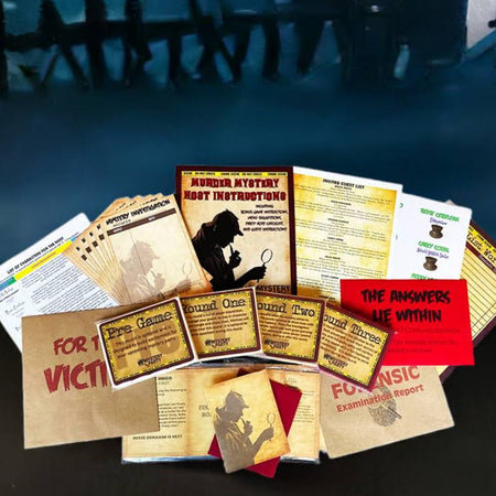 A Halloween-themed mystery game set displayed in front of a spooky backdrop featuring a haunted castle silhouette, flying bats, and a full moon. The set includes various printed cards, slips of paper, and boxes with vintage-style designs in red, yellow, beige, and black.