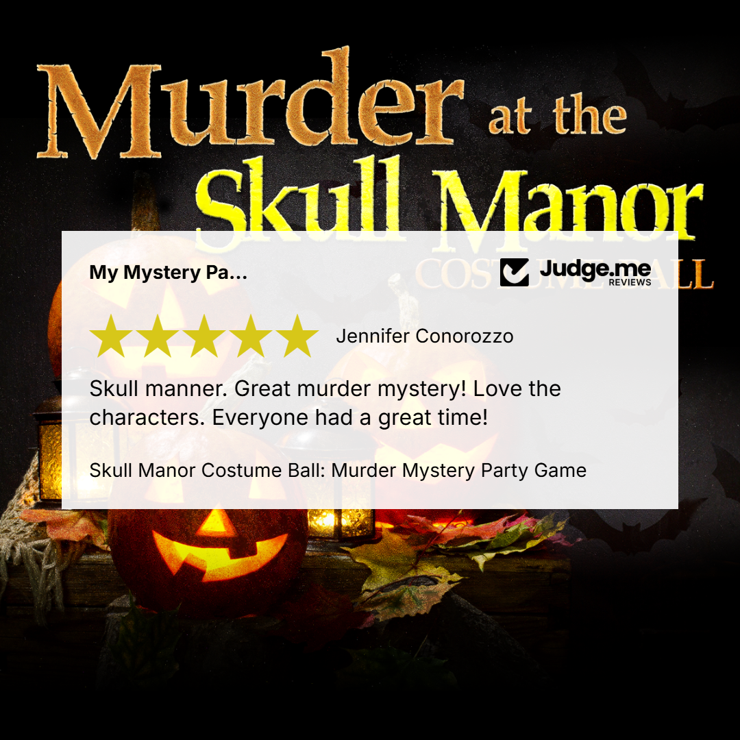 Promotional graphic for a Halloween party game titled 'Murder at the Skull Manor' with large gold and yellow title text over a dark spooky background, a carved pumpkin, and a white review card showing a 5-star rating and Judge.me review.