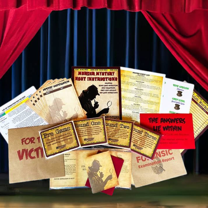 A cluster of printed mystery and true crime report cards, certificates, and folders floating in mid-air above a stage with red curtains and a dark blue backdrop.