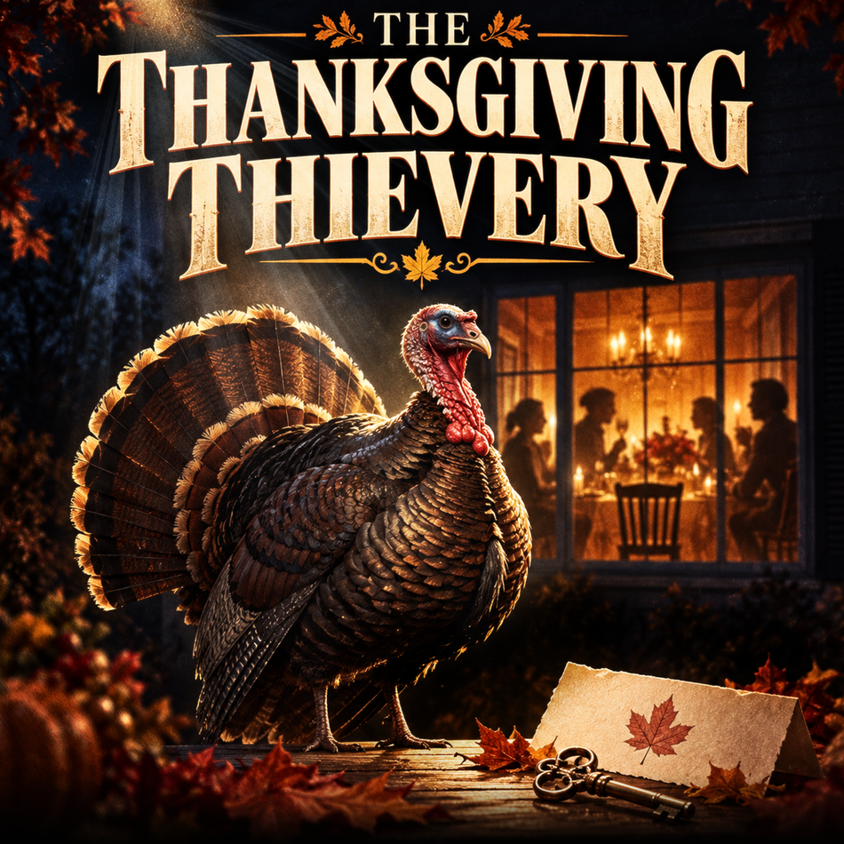 A Thanksgiving-themed illustrated scene with a large turkey standing on a porch in front of a warmly lit house window, with the title text 'The Thanksgiving Thievery' above and autumn leaves and a key nearby.