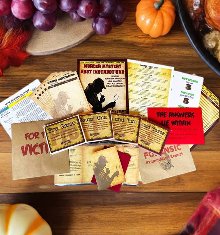 Thanksgiving Thievery mystery party box kit example.
