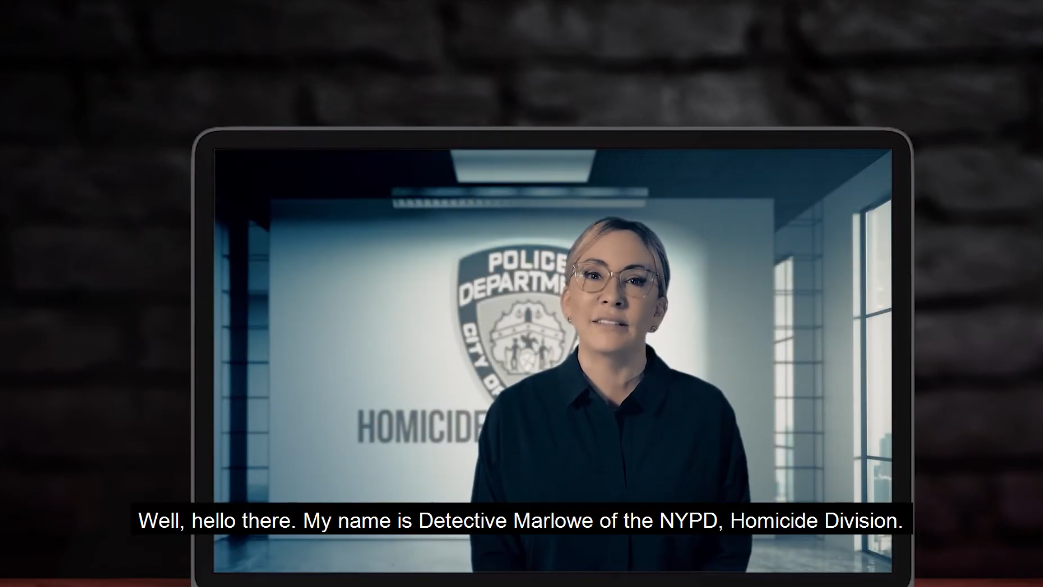 A laptop screen shows a woman in a black shirt standing in front of a wall with a police badge and the word 'HOMICIDE'. The laptop is set against a dark brick wall background, with a subtitle at the bottom.