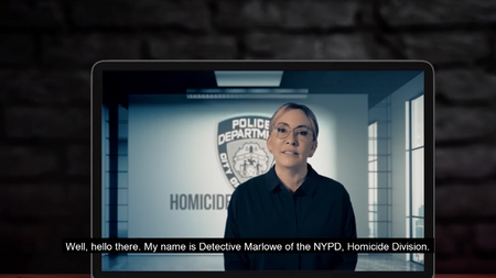 A laptop screen shows a woman in a black shirt standing in front of a wall with a police badge and the word 'HOMICIDE'. The laptop is set against a dark brick wall background, with a subtitle at the bottom.