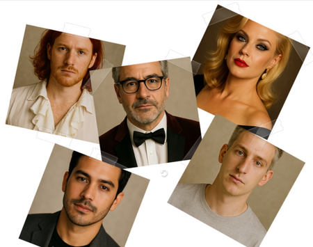A collage of five portrait photographs of men, each shown in a tilted rectangular frame on a white background.