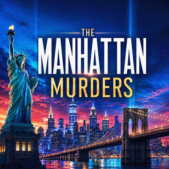 A graphic of New York City skyline and it says in white Font The Manhattan Murders