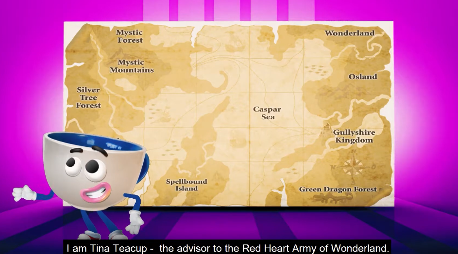 A stylized map poster showing fantasy regions such as Mystic Forest, Wonderland, Caspar's Sea, and Green Dragon Forest on a beige parchment background, with a cartoon teacup character at lower left and a purple gradient backdrop.