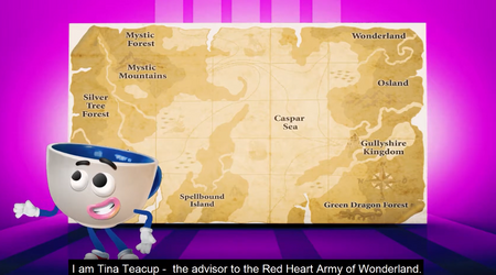 A stylized map poster showing fantasy regions such as Mystic Forest, Wonderland, Caspar's Sea, and Green Dragon Forest on a beige parchment background, with a cartoon teacup character at lower left and a purple gradient backdrop.