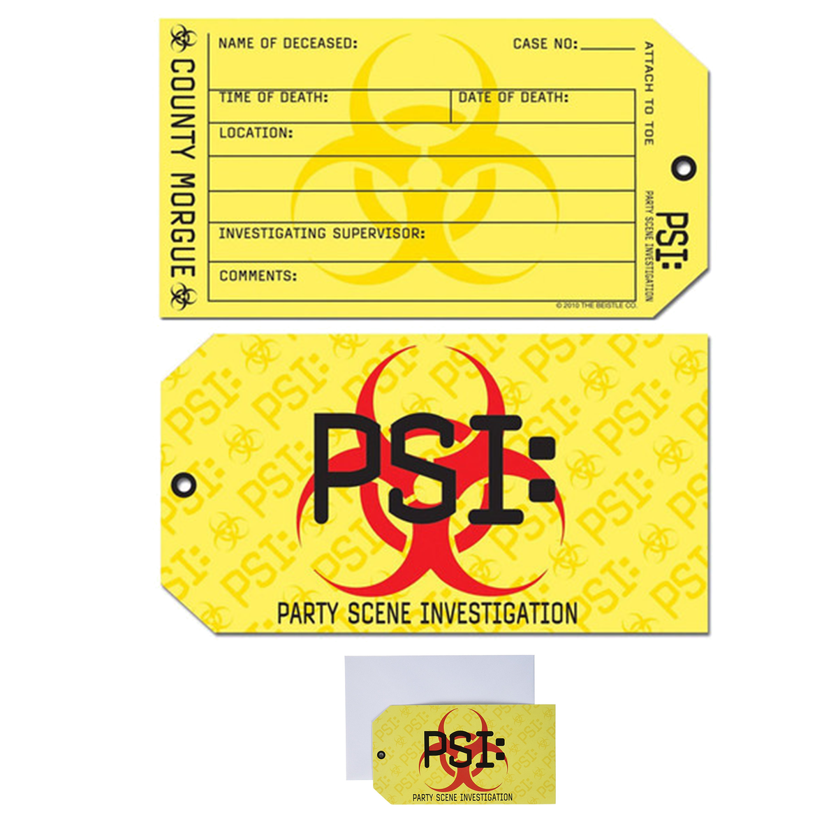 Toe tag invitations with envelopes for a murder mystery party game. 
