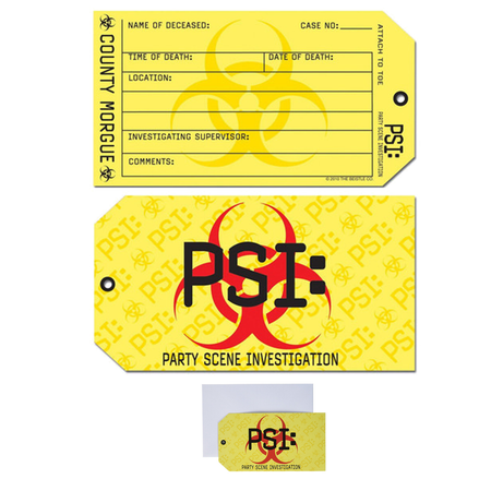 Toe tag invitations with envelopes for a murder mystery party game. 