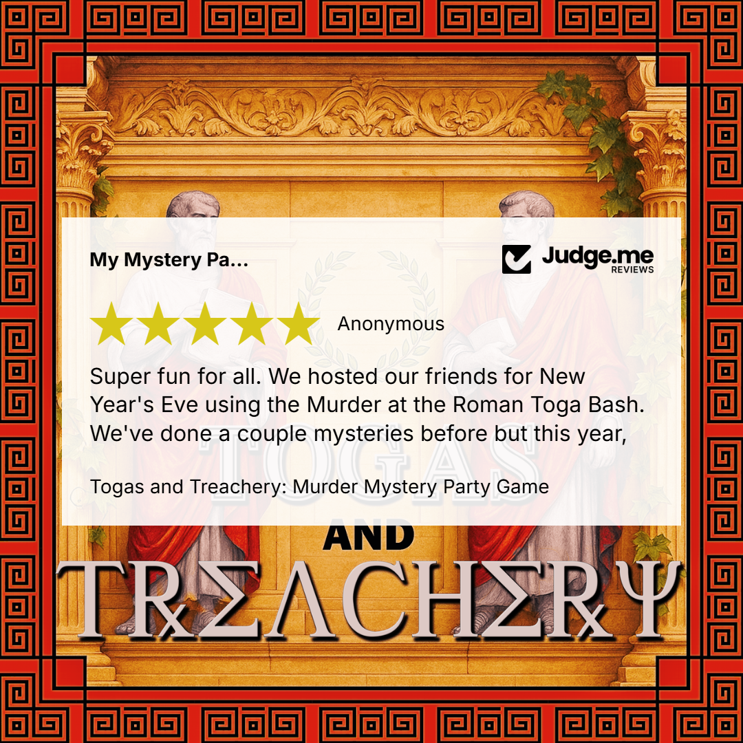 Promotional graphic for the Trogas and Treachery Murder Mystery Party Game, featuring a white review card with a five-star rating and an anonymous review testimonial, set against a golden classical building background with a red and black Greek key border.