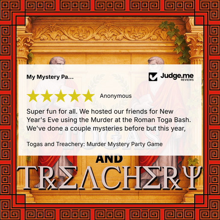 Promotional graphic for the Trogas and Treachery Murder Mystery Party Game, featuring a white review card with a five-star rating and an anonymous review testimonial, set against a golden classical building background with a red and black Greek key border.