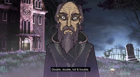 A stylized illustrated scene showing a bearded man in dark robes standing outdoors in front of a large old building and a graveyard under a dark sky. Subtitles at the bottom read, 'Double, double, tail & trouble.