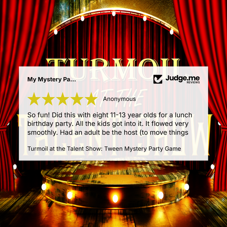 A promotional graphic for a party game called 'Turmoil at the Talent Show: Tween Mystery Party Game,' featuring a white review card overlaid on a stage scene with red curtains, a spotlight, and a wooden floor. The Judge.