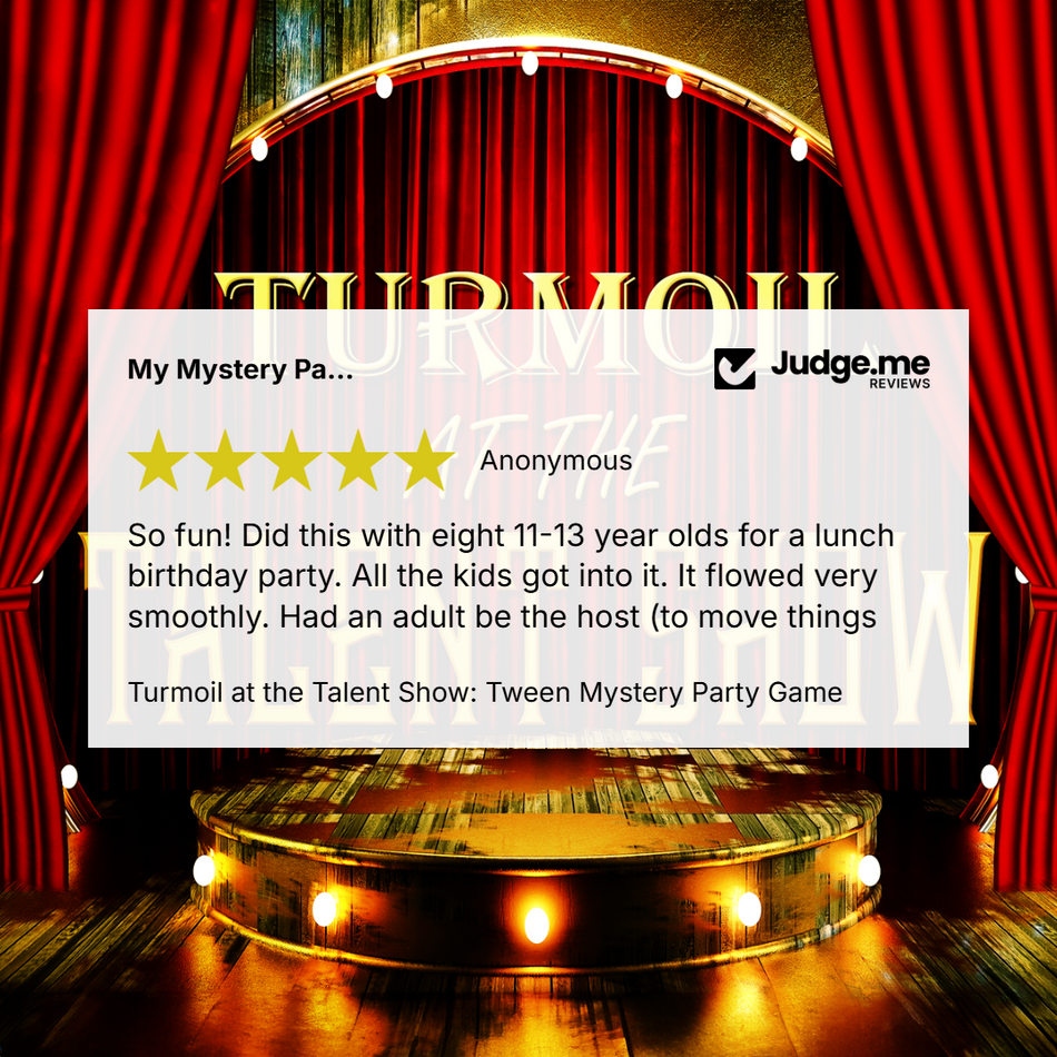 A promotional graphic for a party game called 'Turmoil at the Talent Show: Tween Mystery Party Game,' featuring a white review card overlaid on a stage scene with red curtains, a spotlight, and a wooden floor. The Judge.