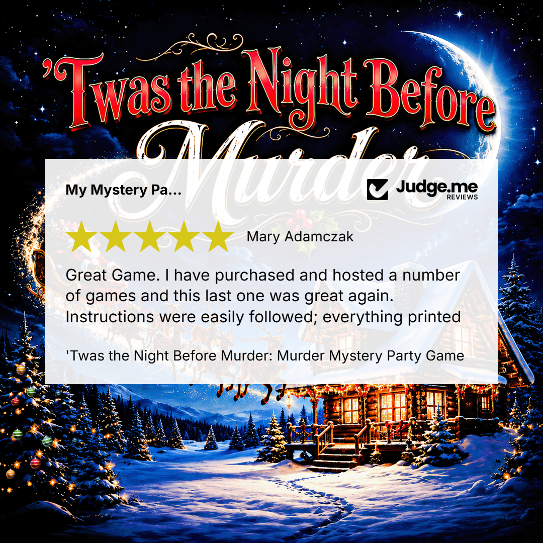 Promotional graphic for the 'Twas the Night Before Murder' mystery party game, featuring a festive snowy cabin scene under a starry night sky. A large white rating card overlay in the center displays a 5-star review from Mary Adamczak, with the Judge.
