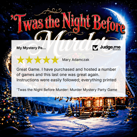 Promotional graphic for the 'Twas the Night Before Murder' mystery party game, featuring a festive snowy cabin scene under a starry night sky. A large white rating card overlay in the center displays a 5-star review from Mary Adamczak, with the Judge.