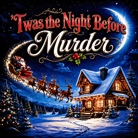 Christmas-themed illustrated scene with the text 'Twas the Night Before Murder' over Santa Claus in his sleigh flying past a snow-covered cabin at night, with a crescent moon and stars in the sky.