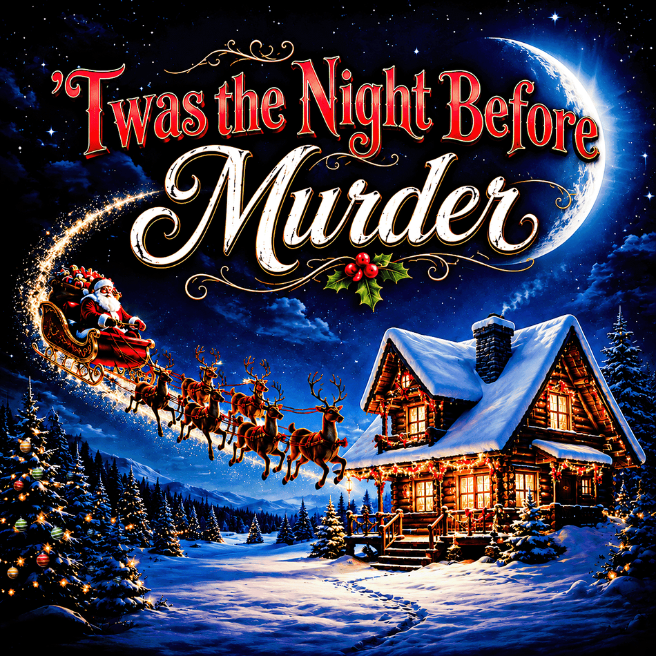 Christmas-themed illustrated scene with the text 'Twas the Night Before Murder' over Santa Claus in his sleigh flying past a snow-covered cabin at night, with a crescent moon and stars in the sky.
