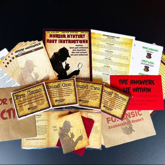 A set of vintage-style mystery game cards and envelopes arranged in a fan shape on a dark surface, with a blurred church interior in the background.